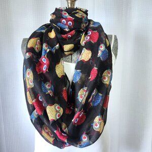 Owl Infinity Scarf Lightweight All Over Design 35" x 35" Black with Coloured Owl